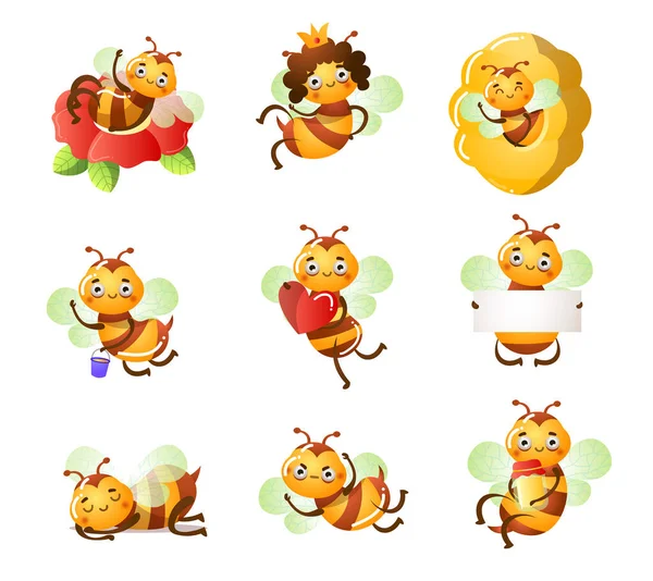 Set of funny cute bees doing casual things vector illustration — Stock Vector