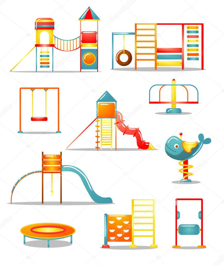 Set of different kid s playground equipment. Vector illustration in flat cartoon style.