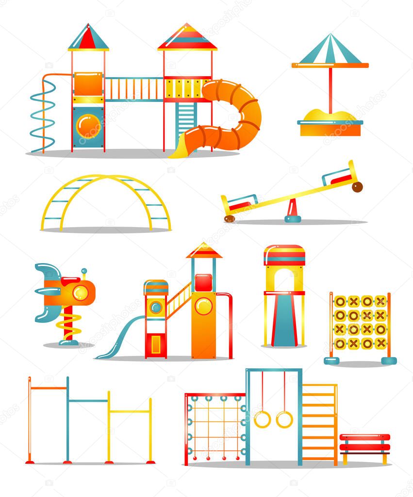 Set of various kids playground equipment. Vector illustration in flat cartoon style.