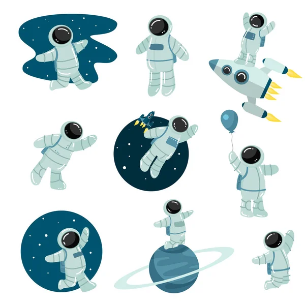 Conjunto de astronautas descubriendo la ilustración del vector espacial exterior — Archivo Imágenes Vectoriales