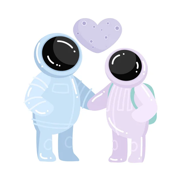 Female and male astronauts in love holding hands vector illustration — Stock Vector