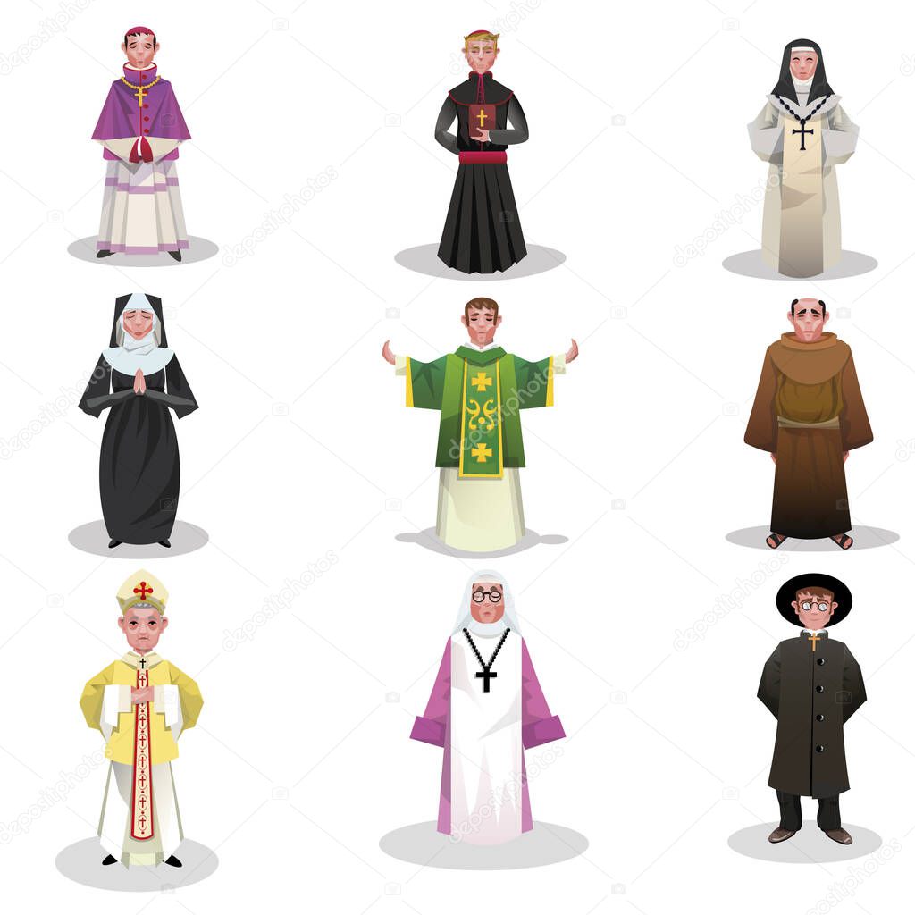 Set of catholic priests, monks and nuns vector illustration