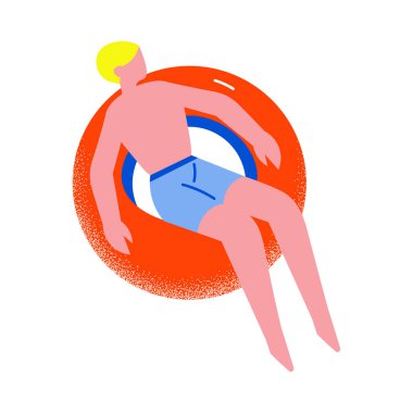 Sarı saçlı, mavi şortlu adam kırmızı yüzen lastik halkanın üzerinde dinleniyor. Çizgi film tarzında vektör illüstrasyonu.