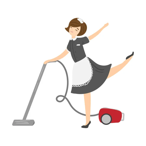 Brown-rambut tersenyum pembantu rumah tangga berpose dengan vacuum cleaner. Ilustrasi vektor dalam gaya kartun datar . - Stok Vektor