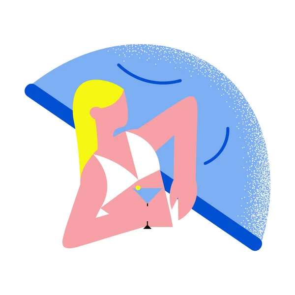 Menina de cabelos loiros em biquíni branco relaxante na piscina com um coquetel. Ilustração vetorial em estilo de desenho animado plano . — Vetor de Stock