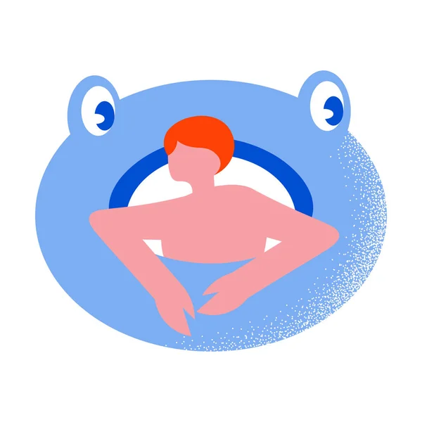 Roodharige man rustend op de blauwe drijvende rubberen ring in de vorm van een kikker. Vector illustratie in cartoon stijl. — Stockvector