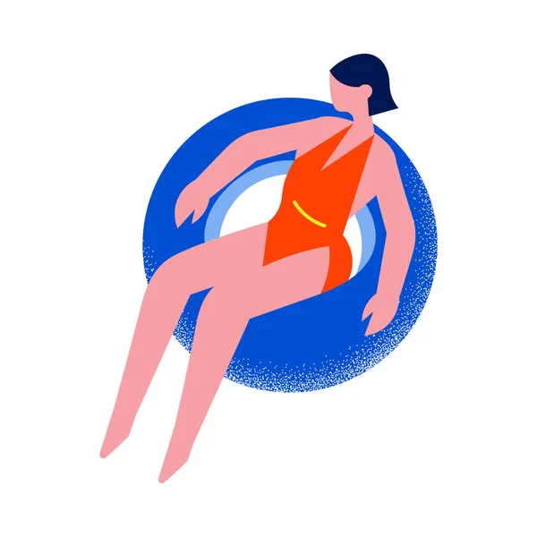Schwarzhaarige Frau im roten Badeanzug, die sich auf dem blauen schwimmenden Gummiring ausruht. Vektorillustration im Cartoon-Stil. — Stockvektor