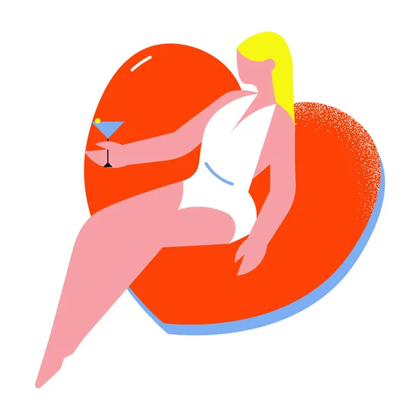 Mulher de cabelos loiros em maiô branco descansando sobre o anel de borracha flutuante vermelho em forma de coração. Ilustração vetorial em estilo cartoon . — Vetor de Stock