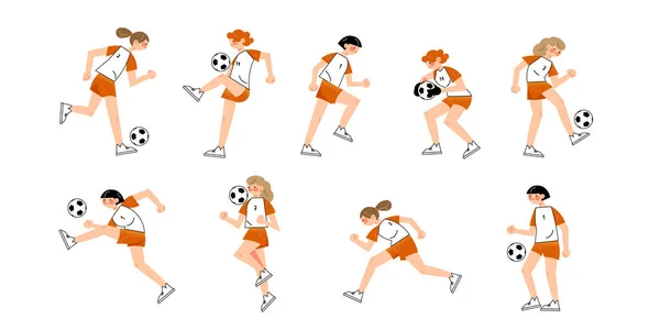 Conjunto de equipos de fútbol femenino con uniformes rojos en diferentes poses de acción. Ilustración vectorial en estilo plano de dibujos animados . — Vector de stock