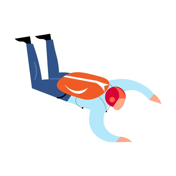 Paracaidista en la ropa azul con casco rojo volando con la mochila paracaídas. Ilustración vectorial en un estilo plano de dibujos animados . — Vector de stock
