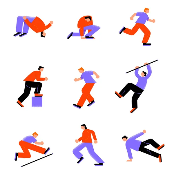 Conjunto de varios jóvenes parkour corriendo y saltando en diferentes poses de acción. Ilustración vectorial en estilo plano de dibujos animados . — Vector de stock