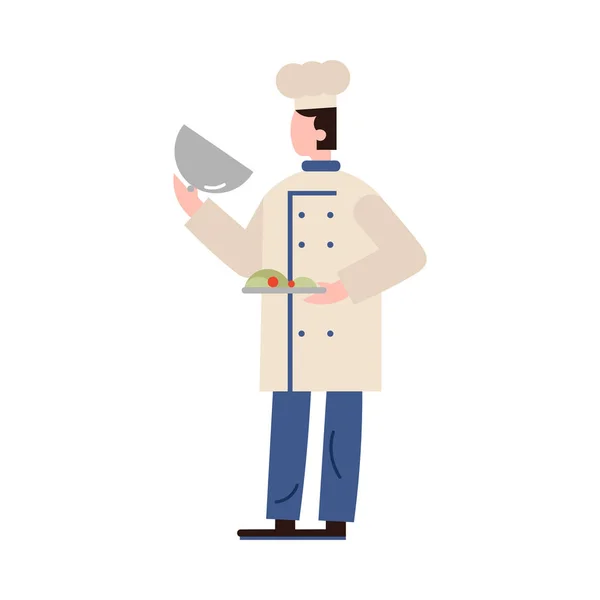 Personagem masculino chef-cozinheiro apresentando refeição em uma bandeja de prata. Ilustração vetorial em estilo de desenho animado plano . —  Vetores de Stock