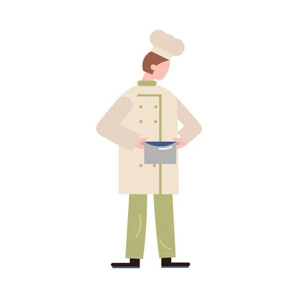 Мужчина-повар, который держит еду в серебряной кастрюле. Векторная иллюстрация в плоском стиле мультфильма . — стоковый вектор