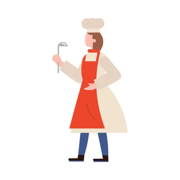 Chef-cocinero personaje femenino sosteniendo una cuchara de plata. Ilustración vectorial en estilo plano de dibujos animados . — Archivo Imágenes Vectoriales