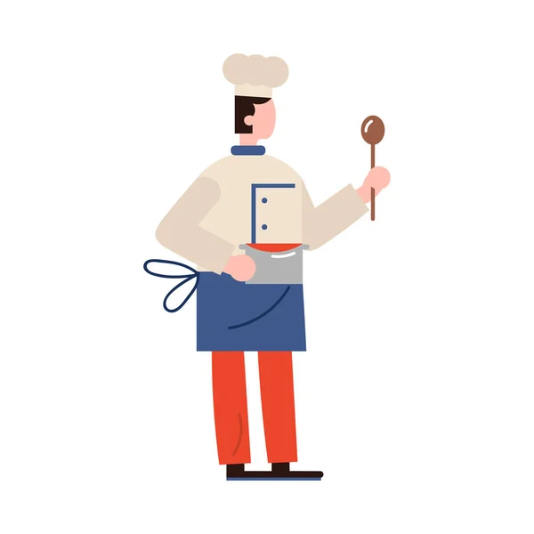 Chef cuisinier personnage tient une louche et transporter un repas dans une casserole en argent. Illustration vectorielle en style dessin animé plat . — Image vectorielle