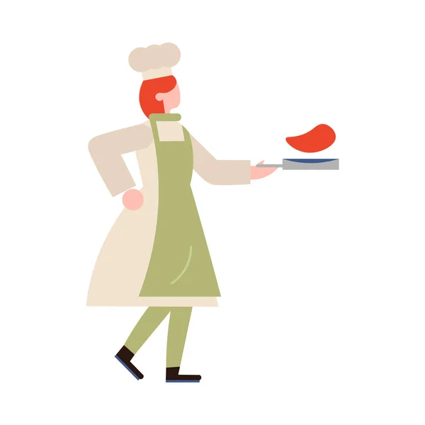 Kucharz-kucharz postać kobieta niosąca posiłek na patelni. Ilustracja wektora w stylu płaskiej kreskówki. — Wektor stockowy