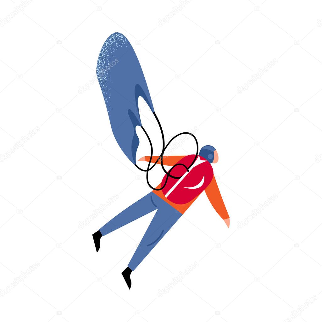 Parachute jumper with a red backpack flying with a blue parachute. Vector illustration in a flat cartoon style.