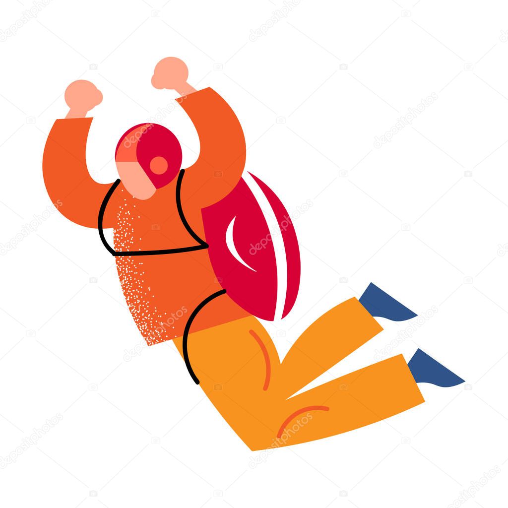Skydiver in the orange clothes with red helmet flying with the parachute backpack. Vector illustration in a flat cartoon style.