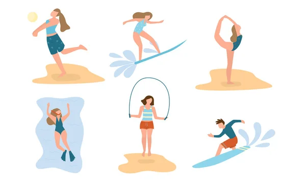 Personas activas haciendo actividades de verano y agua vector ilustración — Vector de stock