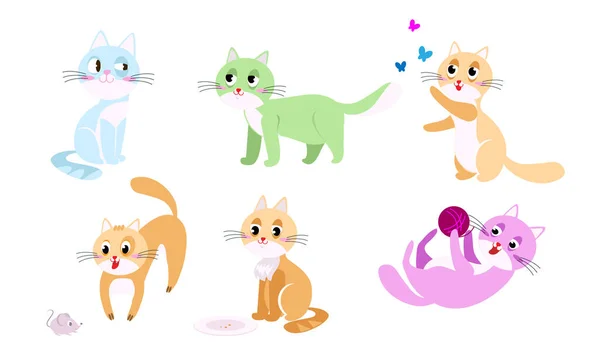 Divertidos gatos coloridos haciendo cosas cotidianas y jugando ilustración vectorial — Archivo Imágenes Vectoriales