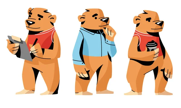 Bonitos osos marrones modernos en la vida humana cotidiana vector ilustración — Vector de stock