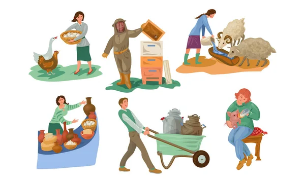 Conjunto de diferentes personagens de agricultores em várias ações. Ilustração vetorial em estilo de desenho animado plano . —  Vetores de Stock