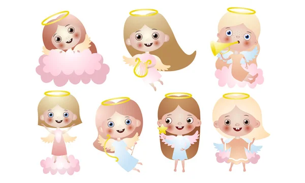 Conjunto de hermosas chicas ángel lindo. Ilustración vectorial en estilo plano de dibujos animados . — Vector de stock