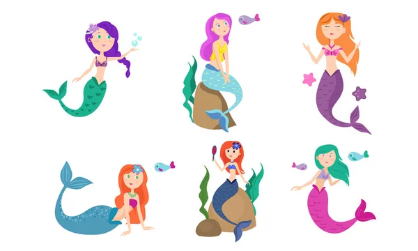Set von farbenfrohen schönen Meerjungfrau in verschiedenen Positionen. Vektorillustration im flachen Cartoon-Stil. — Stockvektor