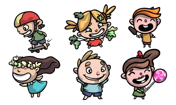 Conjunto de crianças sorridentes felizes bonitos em roupas modernas coloridas. Ilustração vetorial em estilo de desenho animado plano . — Vetor de Stock