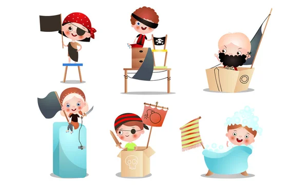 Набор различных детских персонажей, которые играют в пиратскую игру. Векторная иллюстрация в плоском стиле мультфильма . — стоковый вектор
