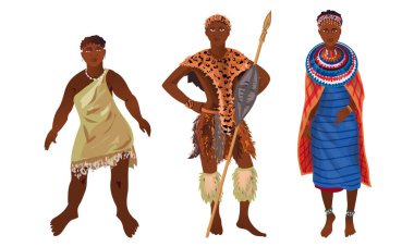 Set of aboriginal women and men from Africa sunny continent. Vector illustration in flat cartoon style. clipart