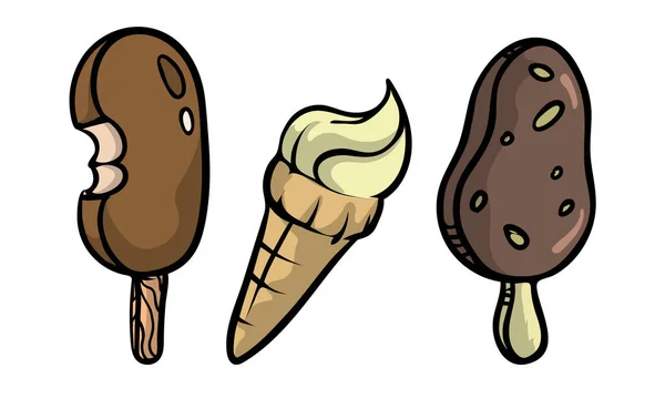 Sada tří barevné zmrzliny, sladké studené jídlo.Vektorové ilustrace v plochém kresleném stylu. — Stockový vektor