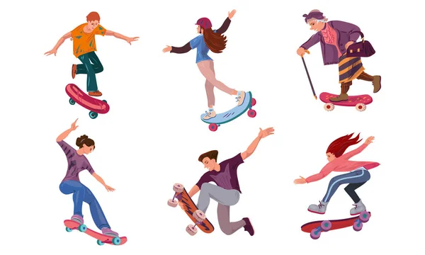 Uppsättning av olika åldrar människor på skateboard i stadsparken. Vektor illustration i platt tecknad stil. — Stock vektor