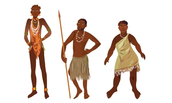 Set van inheemse vrouwen en mannen uit Afrika in traditionele etnische kleding. Vector illustratie in platte cartoon stijl. — Stockvector