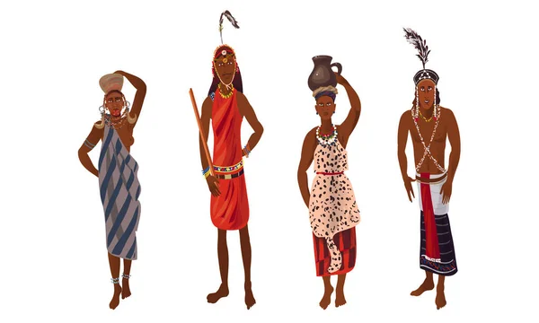 Conjunto de mulheres e homens aborígenes da África em trajes étnicos tradicionais. Ilustração vetorial em estilo de desenho animado plano . — Vetor de Stock
