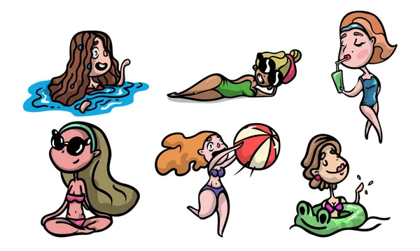 Conjunto de diferentes chicas lindas y sexy en una playa caliente. Ilustración vectorial en estilo plano de dibujos animados . — Vector de stock