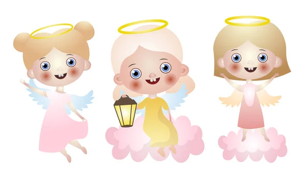 Set of three cute beautiful angel girls. Vector illustration in flat cartoon style. — Stock Vector
