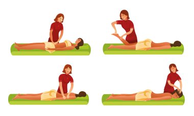 Bir grup kadın masör kız için masaj yapıyor. Çizgi film tarzında vektör illüstrasyonu.