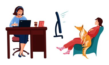 Şirin kahverengi saçlı kız her gün bir şeyler yapıyor. Çizgi film tarzında vektör illüstrasyonu.