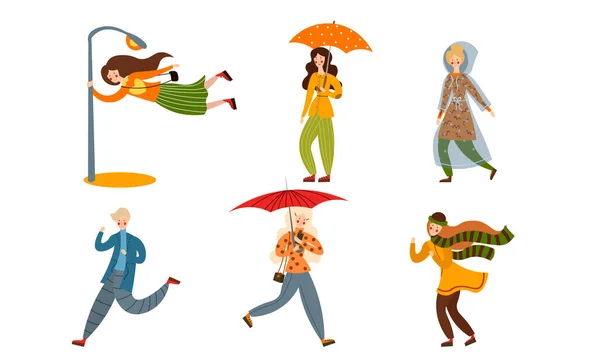 Verschiedene Menschen an einem regnerischen und windigen Tag. Vektorillustration im flachen Cartoon-Stil. — Stockvektor
