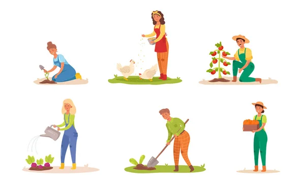 Conjunto de jardineros trabajando en la granja. Ilustración vectorial en estilo plano de dibujos animados . — Vector de stock