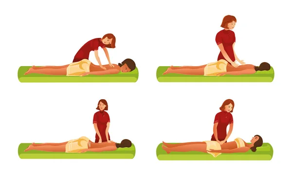 Набір жінок-масажисток, що роблять масаж для дівчини. Векторні ілюстрації в стилі плоского мультфільму . — стоковий вектор