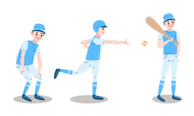 Beyzbol oyuncularının farklı pozlardaki karakterleri. Çizgi film tarzında vektör illüstrasyonu.