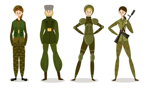 Σετ νεαρών γυναικών στρατιωτών με στολές μάχης. Εικονογράφηση διάνυσμα σε επίπεδο στυλ κινουμένων σχεδίων. — Διανυσματικό Αρχείο
