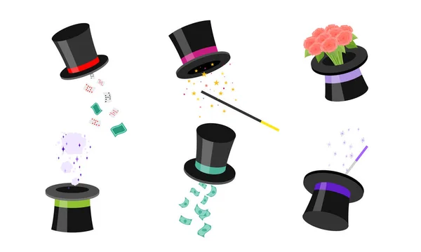 Set van de magische hoed met verschillende trucs. Vector illustratie in platte cartoon stijl. — Stockvector