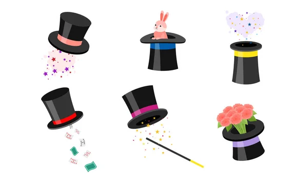 Set del cappello magico con diversi trucchi. Illustrazione vettoriale in stile fumetto piatto . — Vettoriale Stock