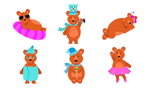 Zestaw zabawnych niedźwiedzi brunatnych w różnych sytuacjach akcji. Ilustracja wektora w stylu płaskiej kreskówki. — Wektor stockowy