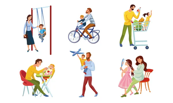 Een stel gelukkige ouders en kinderen brengen samen tijd door. Vector illustratie in platte cartoon stijl. — Stockvector