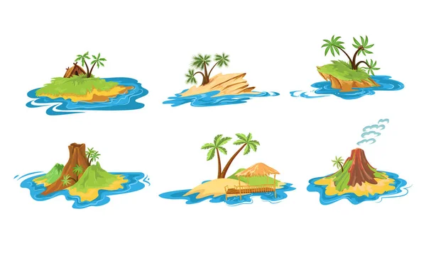 Conjunto de diferentes cenas de ilhas com cabanas, árvores tropicais, montanhas, vulcão e ilustração do vetor cachoeira . — Vetor de Stock