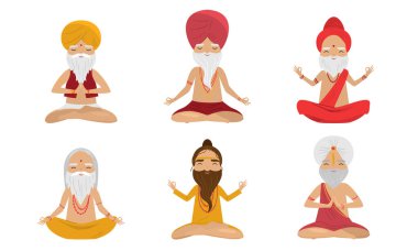 Nilüfer pozisyonunda meditasyon yapan bir grup erkek karakter. Çizgi film tarzında vektör illüstrasyonu.
